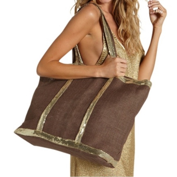 Muche et Muchette jute tote bag, chocolate brown and gold tone sequinns, NWOT - Picture 3 of 9